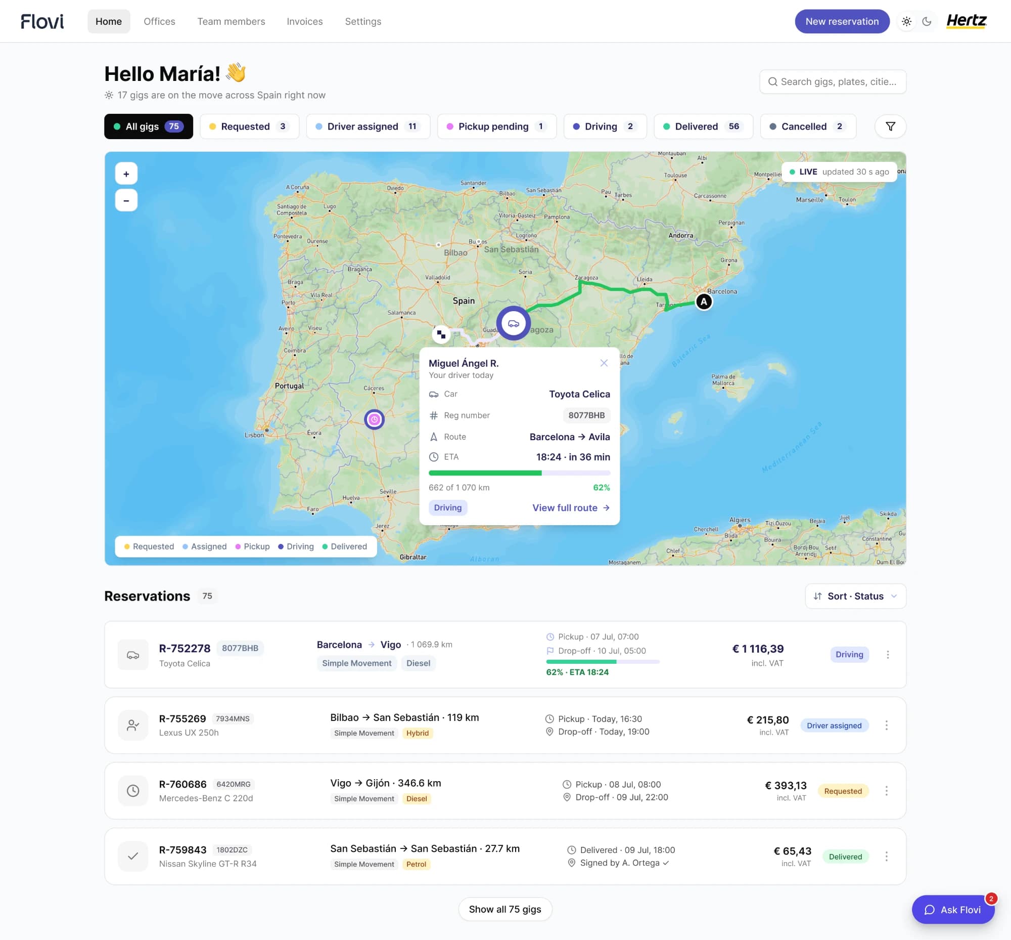 Flovi customer portal home with live map and reservations